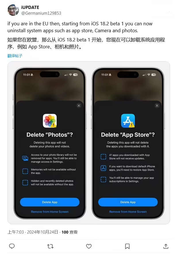 忻州苹果手机维修分享iOS 18.2 支持删除 App Store 应用商店 