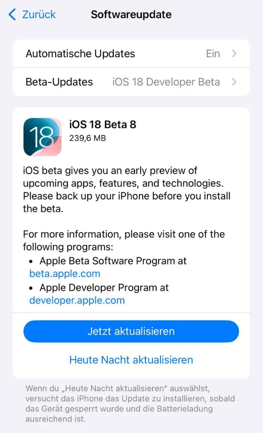 忻州苹果手机维修分享苹果 iOS / iPadOS 18 开发者预览版 Beta 8 发布 